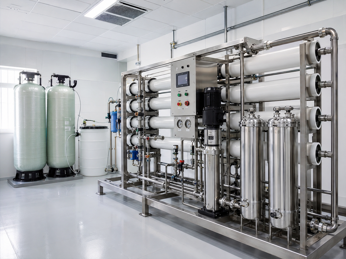 Sistema de tratamiento de agua hospitalaria con ósmosis inversa para hemodiálisis.